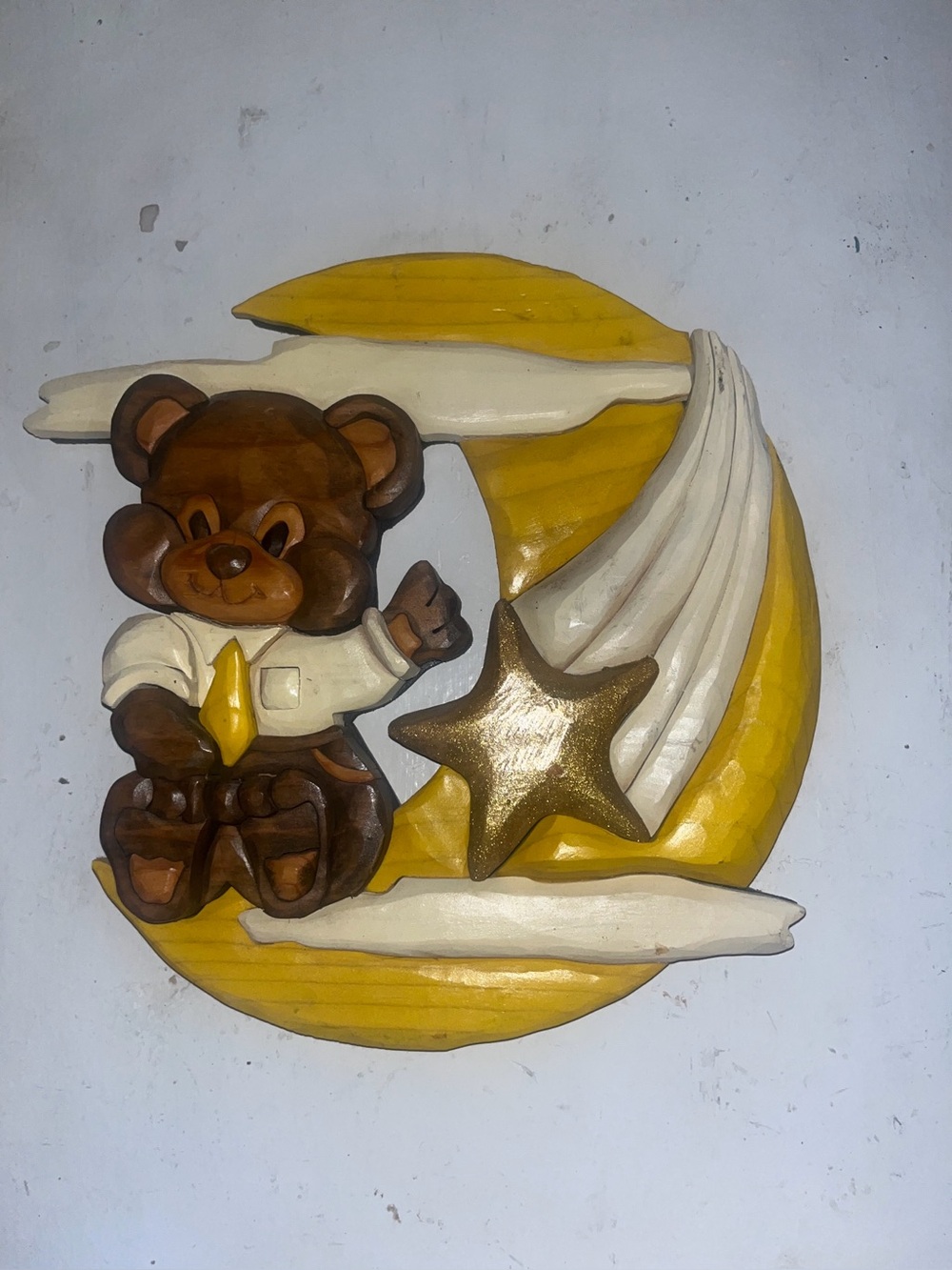 Hand-Carved Wooden Bear on Crescent Moon Wall Art - Yellow & Brown & a unicorn. - Picture 6 of 10